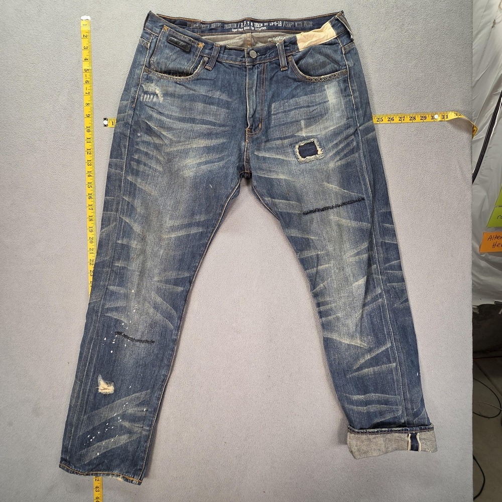 Reputation Jeans Mens Selvedge Blue Tapered Paint Splatter Thrashed Fits 33x30